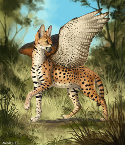 ambiguous_gender black_nose day detailed_background feral fur grass hunting markings outside paws plant sky solo spots spotted_body spotted_fur tan_body tan_fur wings anisis felid feline hybrid mammal mouse murid murine rodent serval 2015 hi_res