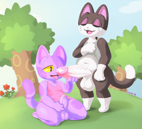anthro anthro_on_anthro balls barefoot belly big_balls big_penis black_body black_fur bodily_fluids body_worship bottomless bottomless_male clothed clothing countershading cum cum_on_penis cum_on_tongue cum_string day deep_navel dipstick_tail duo erection eyes_closed feet flower foreskin fur genital_fluids genital_worship genitals glans gloves_(marking) grass holding_penis humanoid_genitalia humanoid_penis kneeling leg_markings looking_at_genitalia looking_at_penis male male/male markings masturbation multicolored_body multicolored_fur navel on_ground one_eye_closed open_mouth open_smile outside pawpads paws penile penile_masturbation penis penis_size_difference penis_worship pink_glans pink_inner_ear pink_pawpads plant precum purple_body purple_fur shirt shirt_only slightly_chubby smile socks_(marking) standing tail tail_markings tank_top thick_penis thick_thighs tongue tongue_out topwear topwear_only tree two_tone_body two_tone_fur vein veiny_penis whiskers white_body white_countershading white_fur wide_hips yellow_sclera frumples animal_crossing nintendo bob_(animal_crossing) punchy_(animal_crossing) domestic_cat felid feline felis mammal 2018 digital_drawing_(artwork) digital_media_(artwork) hi_res