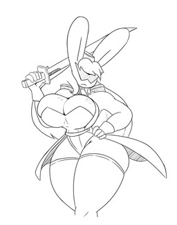 anthro big_breasts breasts cape clothing dress female gloves hair hand_on_hip handwear hat headgear headwear holding_object holding_weapon huge_breasts katana legwear melee_weapon solo stockings sword thick_thighs visor weapon wide_hips kirbot12 eliza_(averyshadydolphin) lagomorph mammal 2018 digital_drawing_(artwork) digital_media_(artwork) hi_res monochrome