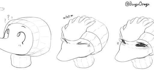 anthro beanie blush caressing caressing_head clothed clothing disembodied_hand female hat headgear headpat headwear heart_symbol mouthless question_mark simple_background solo white_background orange_bongo cavemanon_studios snoot_game erin_(snoot_game) dinosaur prehistoric_species reptile scalie hi_res monochrome signature sketch sketch_page