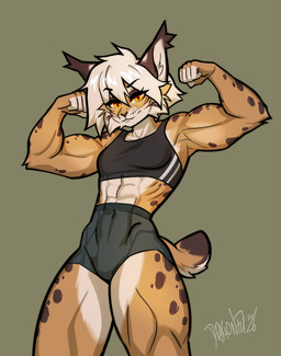 female hair looking_at_viewer markings muscular muscular_female orange_eyes short_hair spots spotted_body standing white_hair dragonfu felid feline lynx mammal hi_res