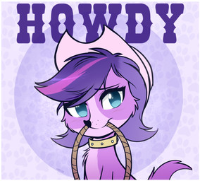 black_nose blue_eyes border clothing collar cowboy_hat ear_hair female feral gold_(metal) gold_collar hair hat headgear headwear metal_collar multicolored_hair purple_hair solo two_tone_hair white_border higglytownhero hasbro littlest_pet_shop littlest_pet_shop_(2012) zoe_trent bird_dog canid canine canis cavalier_king_charles_spaniel domestic_dog hunting_dog mammal spaniel toy_dog