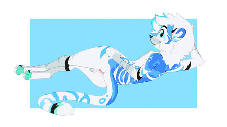 anthro anus backsack balls biped blue_body blue_fur fangs fluffy fur genitals grey_body grey_fur happy looking_at_viewer looking_back looking_back_at_viewer lying male mane nude on_side pawpads paws pose rear_view slim smile smiling_at_viewer solo striped_body striped_fur stripes tail teeth white_body white_fur trevart mythology dragon felid feline furred_dragon furred_scalie hybrid mammal mythological_creature mythological_scalie scalie 16:9 2024 4k absurd_res full-length_portrait hi_res pinup portrait signature widescreen