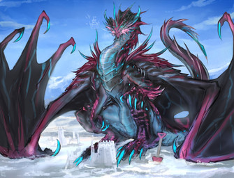 ambiguous_gender beach claws feral horn proud sand_castle sculpture shovel sitting solo spines sunny tail tools wings laobai mythology bai_(laobai) dragon_bai_(laobai) dragon mythological_creature mythological_scalie scalie hi_res