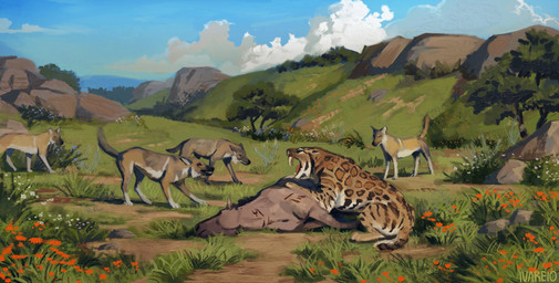 aggressive ambiguous_feral ambiguous_gender bared_teeth brown_body brown_fur cloud corpse day death ears_back fangs feral flower fur grass group hill intimidation looking_at_another markings nature nature_background on_ground orange_body orange_fur outside pivoted_ears plant raised_tail rock sabertooth_(anatomy) scratch_mark scratches showing_teeth size_difference sky snarling spots spotted_body spotted_fur spotted_markings standing tail teeth threatening tree wounded ivareio ecos_la_brea canid canine dire_wolf equid equine felid horse mammal prehistoric_species saber-toothed_tiger smilodon western_horse hi_res