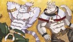 abs anthro armband armpit_hair big_muscles body_hair braided_hair braided_ponytail clothing countershading duo fur hair lying male multicolored_body multicolored_fur muscular muscular_male nipples on_back pecs ponytail pubes scar sleeping smile white_body white_fur white_hair tamainu cygames world_flipper klaus_(world_flipper) nimbus_(world_flipper) canid canine canis felid mammal pantherine tiger wolf hi_res