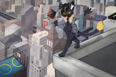 4_fingers anthro biped black_body black_fur building city dipstick_tail eyewear fingers fur glasses inner_ear_fluff male markings solo tail tail_markings tuft duskdrawings coca-cola knight_(knight) domestic_cat felid feline felis mammal hi_res