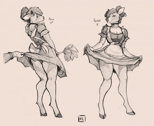 anthro antler_stump backsack balls biped bottomwear choker cleaning_tool closed_smile clothed clothed_anthro clothed_female clothed_male clothing cloven_hooves crossdressing duo embarrassed eyebrows eyelashes feather_duster female female_symbol femboy fingers gender_symbol genitals hair hair_bun holding_cleaning_tool holding_feather_duster holding_object hooves jewelry maid_uniform male male_symbol matching_outfits mouth_closed necklace raised_bottomwear raised_clothing raised_skirt seductive skirt smile symbol text unguligrade uniform honest_radish prim_(elamistheman) proper_(elamistheman) deer mammal character_name hi_res monochrome sketch brother_(lore) brother_and_sister_(lore) sibling_(lore) sister_(lore) twins_(lore)