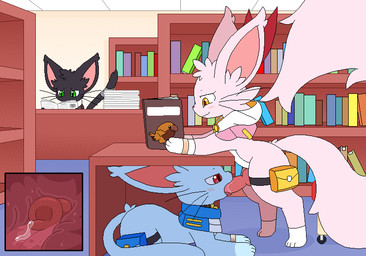 ambiguous_gender animal_genitalia animal_penis bag bell bell_collar big_tail black_body black_fur blue_body blue_fur blush blush_lines bodily_fluids book bookshelf bow_ribbon canine_genitalia canine_penis canon_couple clothing collar cutaway duo fellatio feral fluffy fluffy_tail fur furniture genital_fluids genitals half-closed_eyes husband_and_wife internal internal_fellatio internal_oral irrumatio knot knotted_penis library male married_couple narrowed_eyes oral oral_penetration paper penetration penile penis penis_in_mouth penis_on_tongue pink_body pink_fur precum reading ring saliva saliva_on_penis saliva_on_tongue satchel sex stealth_sex table tail thrusting tongue tongue_out tongue_out_fellatio under_table wet whiskers wife_penetrating_husband mrseed chasing_after_tomorrow coffee_bean_(chasing_after_tomorrow) sour_cream_(chasing_after_tomorrow) sweet_pea_(chasing_after_tomorrow) avian bird canid canine felico_(species) felid feline fox mammal animated digital_media_(artwork) pixel_(artwork) pixel_animation herm_(lore)