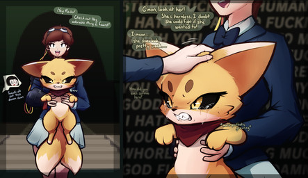 black_sclera blue_clothing blue_shirt blue_topwear clothing duo female feral fur shirt speech_bubble text topwear yellow_body yellow_eyes yellow_fur tachidomatte atlus megami_tensei sega shin_megami_tensei:_if... canid canine fox human mammal 2026 absurd_res english_text hi_res