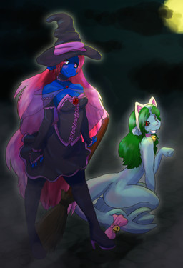 accessory anthro arm_warmers armwear bell big_breasts black_sclera blush boots bow_(feature) bow_accessory bow_ribbon breasts brooch broom butt choker cleaning_tool clothed clothing cloud collar costume dark duo ear_piercing fake_cat_ears fake_ears female female/female fin footwear fur furgonomics gloves green_hair hair handwear hat headgear headwear high_heeled_boots high_heels holidays jewelry legwear long_hair looking_at_viewer magic_user moon necklace night nude open_mouth outside piercing pink_eyes pink_hair red_eyes ribbons scar shoes sitting sky smile split_form standing stockings tail tail_accessory tail_bow tail_ribbon thigh_boots thigh_highs tongue witch witch_hat cainethelongshot halloween kathy katt_(cainethelongshot) vex_(cainethelongshot) aquatic domestic_cat felid feline felis fish mammal merfolk unknown_species 2014 hi_res