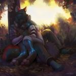 4_toes anthro barefoot black_body black_fur black_nose blue_eyes clothed clothing cuddling day detailed_background digitigrade duo feet fur hoodie male male/male outside plant red_eyes smile toes topwear tree koul arnou wulfcole canid canine canis mammal wolf 1:1 2017