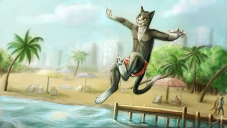 4_toes 5_fingers ambiguous_gender anthro barefoot beach beach_umbrella biped black_body black_claws black_fur black_pawpads bottomwear building cheek_tuft city claws clothed clothing cloud day detailed_background dewclaw digitigrade dipstick_tail eyebrows facial_tuft feet finger_claws fingers front_view fur gloves_(marking) group jumping leg_markings looking_down male markings open_mouth open_smile outside palm_tree parasol pawpads paws pecs pier plant sand sea seaside shorts shorts_only sky smile snout socks_(marking) solo_focus tail tail_markings teeth thin_tail toe_claws toes tongue topless tree tuft water whiskers white_body white_fur white_tail_tip yellow_eyes jadedragoness domestic_cat felid feline felis mammal 16:9 2017 digital_media_(artwork) digital_painting_(artwork) painting_(artwork) signature widescreen