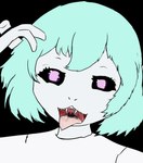 alien black_sclera fangs female green_hair grey_body grey_skin hair humanoid limila mouth_shot open_mouth roswell_grey solo teeth teruni-inamor tongue tongue_out uvula