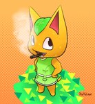 absurd_res animal_crossing anthro bottomwear citrus_fruit clothing digital_media_(artwork) domestic_cat drug_usage drugs eyelashes felid feline felis female green_bottomwear green_clothing green_skirt half_dime hi_res humor looking_at_viewer mammal marijuana mario_smoking_weed markings meme nintendo orange_body orange_skin ralsei_smoking_blunt shitpost skirt smile smiling_at_viewer smoking smoking_marijuana solo spots spotted_body standing tail tangy_(animal_crossing) teeth