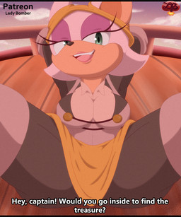 anthro anus bedroom_eyes bottomwear breasts clothed clothing dialogue eyelashes eyeshadow female fur hair half-closed_eyes hands_behind_head headgear headwear looking_at_viewer makeup narrowed_eyes open_mouth outside seductive ship sky smile solo spread_legs spreading talking_to_viewer teeth text topwear vehicle watercraft ladycherrybomba netflix sega sonic_prime sonic_the_hedgehog_(series) batten_rouge rouge_the_bat bat mammal digital_media_(artwork) english_text hi_res