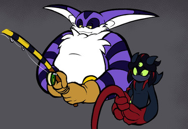 anthro belt_buckle buckle clothing duo fishing_rod gloves green_eyes green_sclera handwear long_ears male markings one_fang overweight pointy_ears red_hands smile striped_arms tentacles invdrscar sega sonic_the_hedgehog_(series) big_the_cat fan_character plagg_(invdrscar) alien black_arms_(sonic) domestic_cat felid feline felis mammal