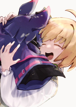 ahoge anthro blonde_hair cloak clothing cowl duo hair hug male smile wings ebiebionigiri bandai_namco digimon digimon_beatbreak makoto_kuonji chiropmon digimon_(species) human mammal hi_res
