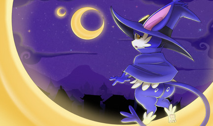 anthro big_butt blue_body blue_fur butt cloak cloak_only clothing crescent_moon detailed_background female fur hat headgear headwear moon open_mouth pawpads solo star tail white_body white_fur witch_hat yellow_eyes scrambledeve dione_(bateryne) felid feline mammal hi_res
