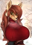 anthro big_breasts breasts brown_eyes brown_hair clothing female gloves hair handwear looking_at_viewer nipple_outline ribbed_clothing ribbed_sweater snow solo sweater topwear turtleneck winter kasaler canid canine canis mammal wolf hi_res portrait