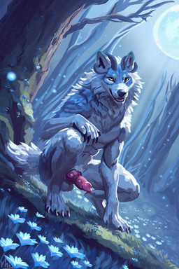 animal_genitalia animal_penis anthro balls canine_genitalia canine_penis erection fantasy flower forest genitals horn knot light male moon moonlight night outside penis plant pose sitting smile solo tree inij argent_(argentgoat) canid canine canis mammal wolf 2:3 absurd_res hi_res