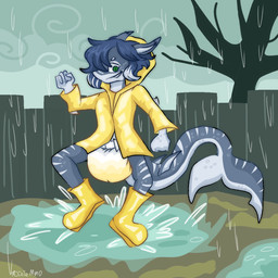 ageplay anthro backyard blue_hair bodily_fluids clothing coat diaper exposed_diaper genital_fluids gills green_eyes hair infantilism jumping male markings outside playful playing puddle rain_cloud rainboots raincoat raining roleplay shark_tail smile solo splashing_water striped_markings stripes topwear unclean_diaper urine used_diaper wet_diaper diximmo zachary_byrne aquatic fish shark 1:1 hi_res