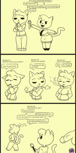 anthro cigarette clothed clothing dialogue duo electronics female genitals interview male microphone out_of_frame penis piercing profanity smoking smoking_cigarette speech_bubble stated_homosexuality stated_sexuality text missmess mizzy_meows_(missmess) domestic_cat felid feline felis mammal comic english_text hi_res