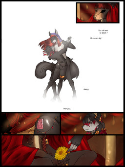 anthro butt chrysanthemum corpse dancing dialogue duo female flat_chested flower gold_(metal) larger_female male multicolored_body nipples plant size_difference tail tattoo text two_tone_body tyunre yasira_vharr_ombrelune canid mammal 3:4 comic english_text hi_res