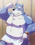 anthro belly blush bulge humanoid_hands kemono locker_room male moobs nipples slightly_chubby solo towel emufu canid canine canis domestic_dog mammal 2022 hi_res