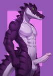 abs anthro ball big_penis erection genitals glans glistening glistening_body green_eyes humanoid_genitalia humanoid_penis male muscular nipples nude penis pupils purple_body sharp_teeth slit_pupils solo striped_body stripes teeth white_body yasmil crocodile crocodilian reptile scalie 2024 hi_res purple_theme