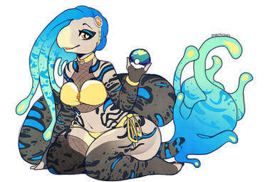 anthro bikini biped breasts clothing collar dreadlocks female holding_object holding_pokeball kneeling lake_ball looking_at_viewer non-mammal_breasts overcut overweight overweight_anthro overweight_female pokeball pseudo_hair solo swimwear tail tentacle_hair tentacles two-piece_swimsuit unusual_anatomy unusual_tail ittybittyshark nintendo pokemon aquatic reptile scalie sea_serpent