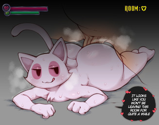 ambiguous_gender ambiguous_penetrated ambiguous_penetration anthro anthro_on_feral anthro_penetrated bestiality big_butt blush blush_lines bodily_fluids butt chest_tuft dialogue duo eye_markings feral from_behind_position fur gameplay_mechanics genitals gui health_bar heart_symbol huge_butt human_on_anthro human_on_feral human_penetrating human_penetrating_anthro interspecies jockey_position licking licking_lips licking_own_lips lying male male/ambiguous male_penetrating male_penetrating_ambiguous markings motion_lines narrowed_eyes neck_tuft on_front penetration penile penile_penetration penis pink_body pink_fur prone_bone_position self_lick sex speech_bubble sweat text three-quarter_view tongue tongue_out translucent tuft vein veiny_penis saltyxodium spooky's_jump_scare_mansion the_cat_(shojs) domestic_cat felid feline felis human mammal 2022 absurd_res english_text hi_res shaded