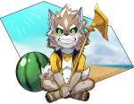 anthro beach clothed clothing countershading food footwear fruit fur male melon piercing plant sandals seaside shoes solo staff suikawari swimwear watermelon young young_anthro raxkiyamato lifewonders tokyo_afterschool_summoners seth_(tas) canid canine canis jackal mammal 2018