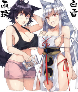 big_breasts black_hair blush bottomwear breasts clothed clothing cute_fangs duo fangs female grey_hair hair hand_on_breast looking_at_viewer open_mouth shirt shorts simple_background smile standing tank_top teeth topwear white_background kasuka_(kusuki) touhou animal_humanoid canid canid_humanoid humanoid mammal mammal_humanoid 2019 source_request unavailable_at_source