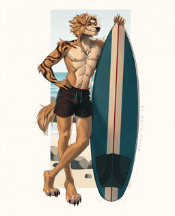 anthro black_bottomwear black_clothing bottomwear braided_hair brown_markings clothed clothing front_view fur grey_eyes hair hand_on_hip male male_anthro markings mouth_closed orange_body orange_fur orange_hair outside solo standing surfboard tan_body tan_fur text topless marie_merkh canid canine mammal artist_name full-length_portrait hi_res portrait