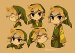 blonde_hair clothing hair humanoid_pointy_ears light_body light_skin looking_at_viewer male multiple_poses not_furry pointy_ears pose shirt simple_background smile topwear tunic tokuura nintendo the_legend_of_zelda wind_waker toon_link humanoid hylian signature