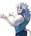 anthro blue_eyes blue_mane cake cake_slice cutlery dessert eyebrows food fork fur horn inner_ear_fluff kitchen_utensils looking_at_viewer male mane muscular muscular_anthro muscular_male plate simple_background solo tail tools tuft white_body white_fur dannon-5 mumu_(mumu202) felid lion mammal pantherine absurd_res digital_media_(artwork) hi_res