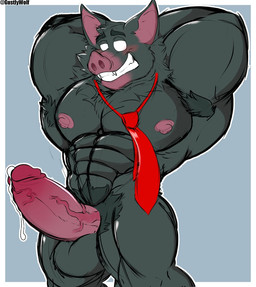 accessory anthro armpit_hair barazoku big_penis body_hair erection fangs genitals humanoid_genitalia humanoid_penis hyper male muscle_tone muscular muscular_anthro muscular_male necktie nipples penis pubes snout solo teeth vein veiny_penis white_eyes incrediblecrocodile dispatch sonar_(dispatch) bat mammal