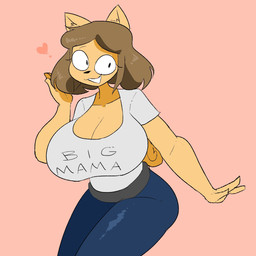 anthro big_breasts blue_bottomwear blue_clothing blue_pants bottomwear breasts brown_hair cleavage clothed clothed_anthro clothed_female clothing collarbone eyelashes female fur hair heart_symbol huge_breasts looking_aside open_mouth open_smile pants salmon_background shirt smile solo t-shirt tail tan_body tan_fur text text_on_clothing text_on_t-shirt text_on_topwear topwear white_clothing white_shirt white_t-shirt white_topwear moonlordress june_(jinu) canid canine canis domestic_dog mammal shiba_inu spitz 1:1 2018 digital_drawing_(artwork) digital_media_(artwork) english_description english_text hi_res portrait three-quarter_portrait