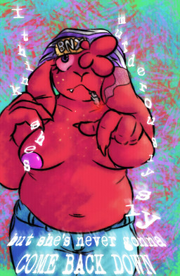 abstract_background anthro beanie belly bottomwear breasts clothed clothing denim denim_bottomwear denim_clothing drugs female freckles hat headgear headwear jeans marijuana pants purple_eyes red_sclera slightly_chubby smoking solo text topless trans_lore lazy_ruby ruby_mello_(dynamitegrizzly) domestic_rabbit lagomorph leporid lop_rabbit mammal oryctolagus rabbit hi_res trans_(lore) trans_woman_(lore)