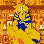 anthro clothing egyptian egyptian_clothing egyptian_headdress erection fur genitals jewelry looking_at_viewer male penis solo white_eyes yellow_body yellow_fur unknown_artist ankha_zone mikecrack canid canine canis domestic_dog mammal meme