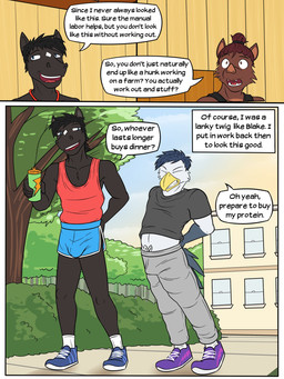 anthro athletic_wear beak black_body black_hair border bottle bottomwear building bulge clothed clothed_anthro clothed_male clothing container diamond_(marking) dipstick_arms erection erection_under_clothing erection_under_pants feathers flirting footwear fully_clothed fully_clothed_anthro fully_clothed_male hair holding_bottle holding_container holding_object male male/male male_anthro markings midriff mullet narration outside pants pig_nose plant pointy_ears prick_ears shirt shoes shorts sneakers socks speech_bubble stretching surprised sweatpants t-shirt tank_top teeth text text_box toothed_beak topknot topwear tree white_body white_border white_clothing white_feathers white_footwear white_socks fuze texnatsu james_oliver jorge_san_nicolas sam_jackson avian bird equid equine horse mammal suid suine sus_(pig) wild_boar 3:4 comic english_text hi_res