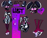 anthro big_breasts big_butt black_body black_sclera boots bracelet breasts brown_background butt clothing collar ellipsis eyelashes eyeshadow female footwear front_view jewelry knee_boots knee_highs latex legwear makeup pink_boots pink_clothing pink_eyes pink_eyeshadow pink_footwear platform_boots platform_footwear rear_view shoes simple_background solo spiked_bracelet spiked_collar spikes text thick_thighs wide_hips zipper zipper_mouth sined04_(artist) lagomorph latex_creature leporid living_latex mammal rabbit english_text hi_res