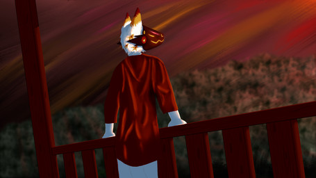 anthro blurred_background brown_body brown_fur clothing forest fur landscape light machine male orange_body orange_eyes orange_fur plant red_clothing relaxing sky solo sunset tree tricolor_fur visor white_body white_fur frozen_autumn tale canid canine canis mammal protogen wolf 16:9 colored hi_res lighting widescreen