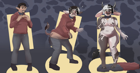 anthro base_one_layout basic_sequence big_breasts black_hair breast_growth breasts clenched_teeth clothing collar exclamation_point female gender_transformation growth hair hoodie horn human_to_anthro linear_sequence looking_at_viewer male mtf_transformation nude one_row_layout open_mouth slightly_chubby smile solo species_transformation standing teeth three_frame_image three_frame_sequence topwear transformation transformation_sequence reddishmaroon bovid bovine cattle mammal 2018 hi_res sequence