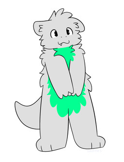 anthro arms_in_front biped floppy_ears fur green_body green_fur grey_body grey_fur male solo standing teeth toothy_grin snuffles mythology dragon mythological_creature mythological_scalie scalie hi_res