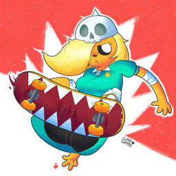 4_fingers anthro armor bandage bandaged_arm black_sclera blonde_hair blush blush_lines bottomwear breasts butt clothing dress female female_anthro fingers frown hair hair_over_eye headgear helmet horn knee_pads looking_aside shirt shorts simple_background skateboard skateboard_trick skateboarding skull_helmet solo text topwear vehicle white_eyes yellow_body bozosart adventure_time cartoon_network bronwyn_(adventure_time) canid canine canis domestic_dog mammal pup_(adventure_time) rainicorn 1:1 artist_name colored digital_drawing_(artwork) digital_media_(artwork) hi_res shaded signature unavailable_at_source