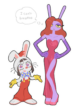 4_fingers anthro bored clothed clothing cosplay crossdressing crossover_cosplay duo female fingers floppy_ears hair hair_over_eye half-closed_eyes hand_on_hip looking_at_viewer male narrowed_eyes nervous nervous_smile one_eye_obstructed thought_bubble roboto_(artist) disney glitch_productions the_amazing_digital_circus who_framed_roger_rabbit jax_(tadc) jessica_rabbit pomni_(tadc) roger_rabbit humanoid lagomorph leporid mammal rabbit crossover hi_res