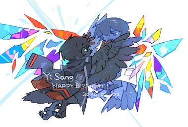 4_toes alternate_self ambiguous_gender anthro anthrofied avian_feet birthdate black_body black_eyebrows black_eyes black_feathers black_hair blue_body blue_feathers clothing coat coat_cape duo eye_contact eyebrows feathers feet hair lab_coat looking_at_another shattered_glass simple_background text toes topwear white_background winged_arms wings kgdjeisk limbus_company project_moon yi_sang_(limbus_company) avian bird corvid corvus_(genus) crow oscine passerine 2026 character_name dated english_text hi_res widescreen male_(lore)