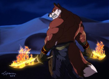 anthro armor bottomwear bracers clothing desert flaming_sword flaming_weapon fur male melee_weapon muscular muscular_anthro muscular_male night red_body red_fur sand solo sword teeth text weapon white_body white_fur xxsparcoxx teofacio_larna canid canine fox mammal red_fox true_fox 2019 artist_name digital_media_(artwork)